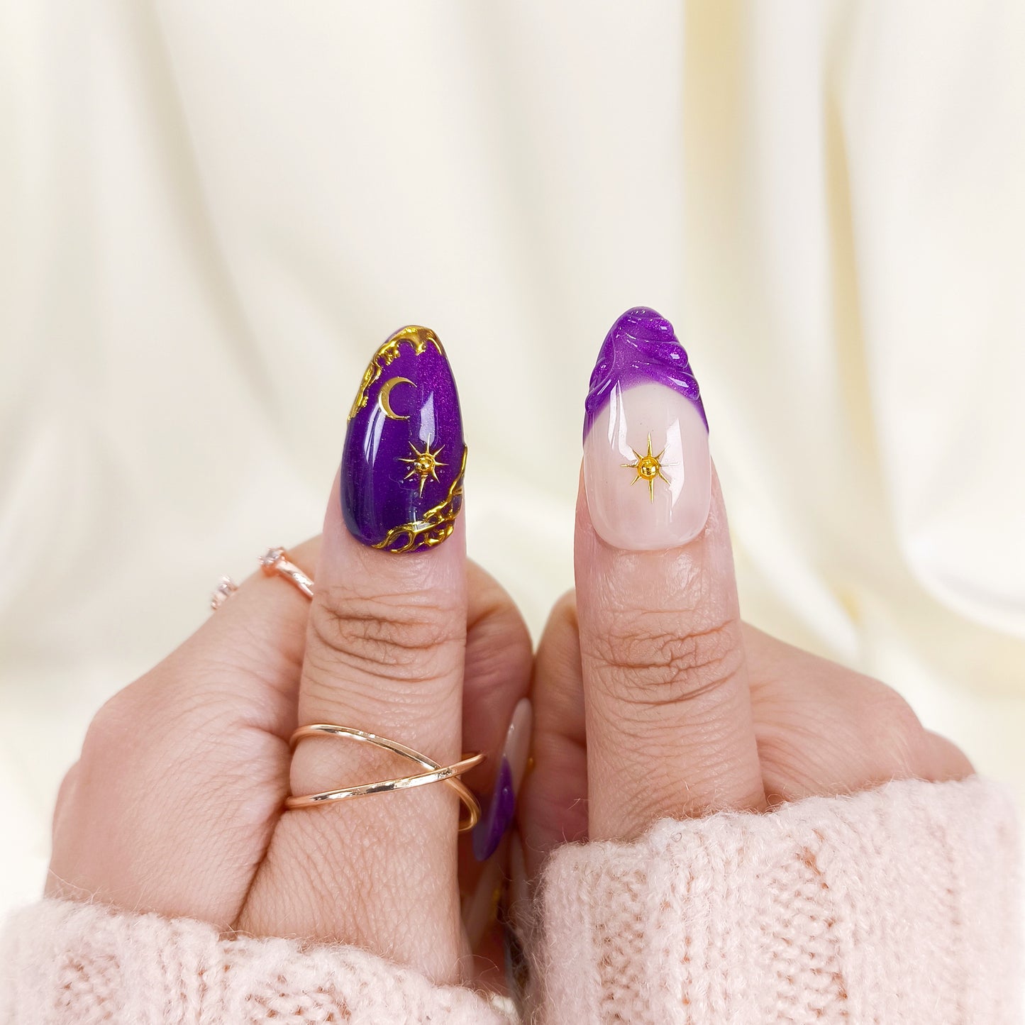 Purple cat eye gold chrome press on nails