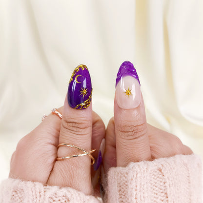 Purple cat eye gold chrome press on nails