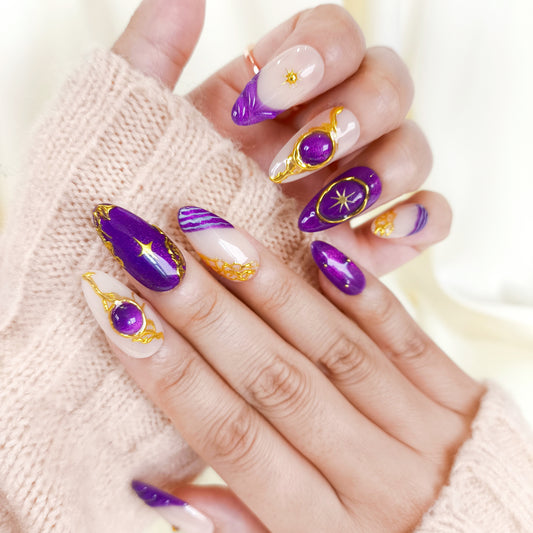 Purple cat eye gold chrome press on nails