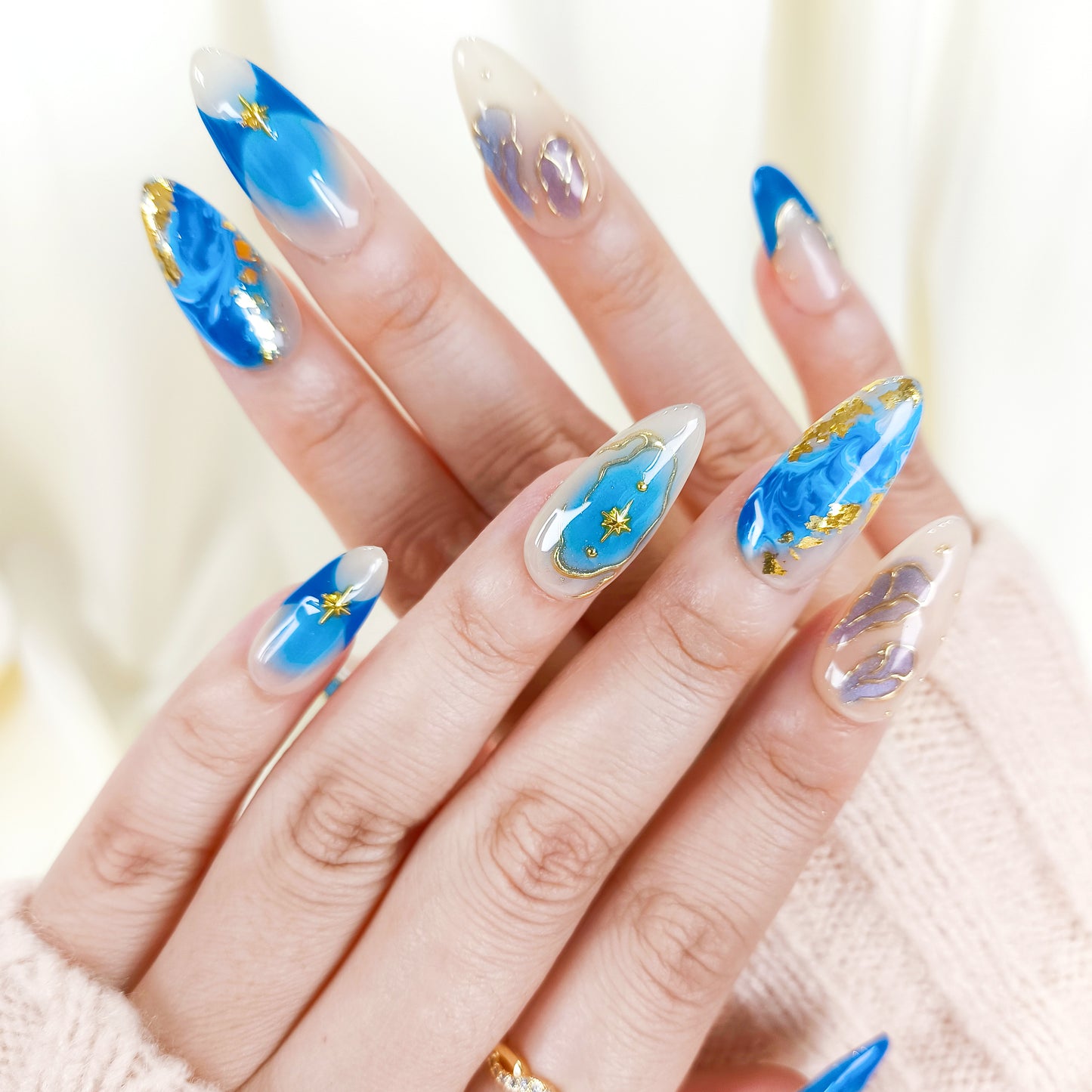 Blue ombre with gold chrome press on nails