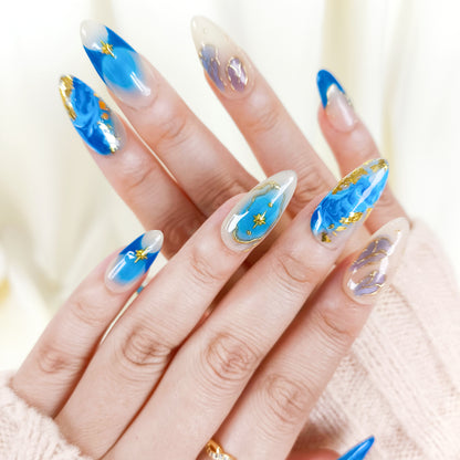 Blue ombre with gold chrome press on nails