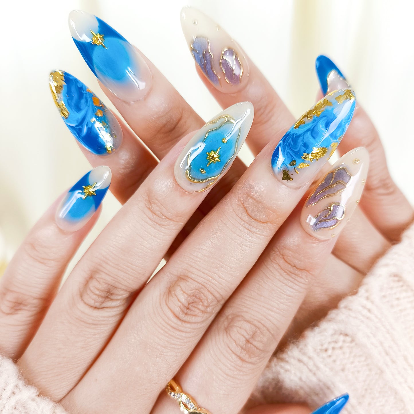 Blue ombre with gold chrome press on nails