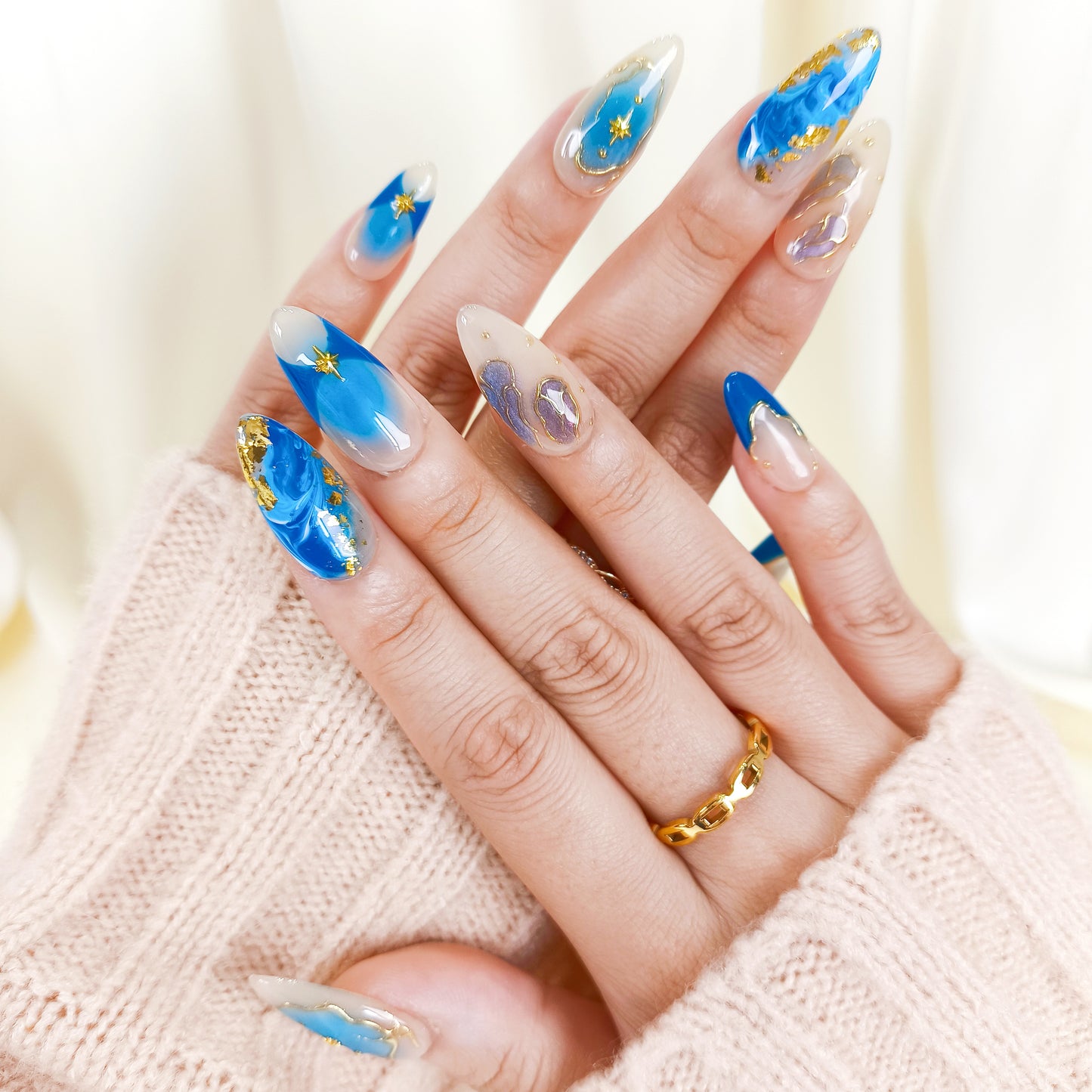 Blue ombre with gold chrome press on nails