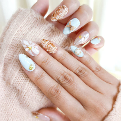 Blue 3D seashell short almond press on nails
