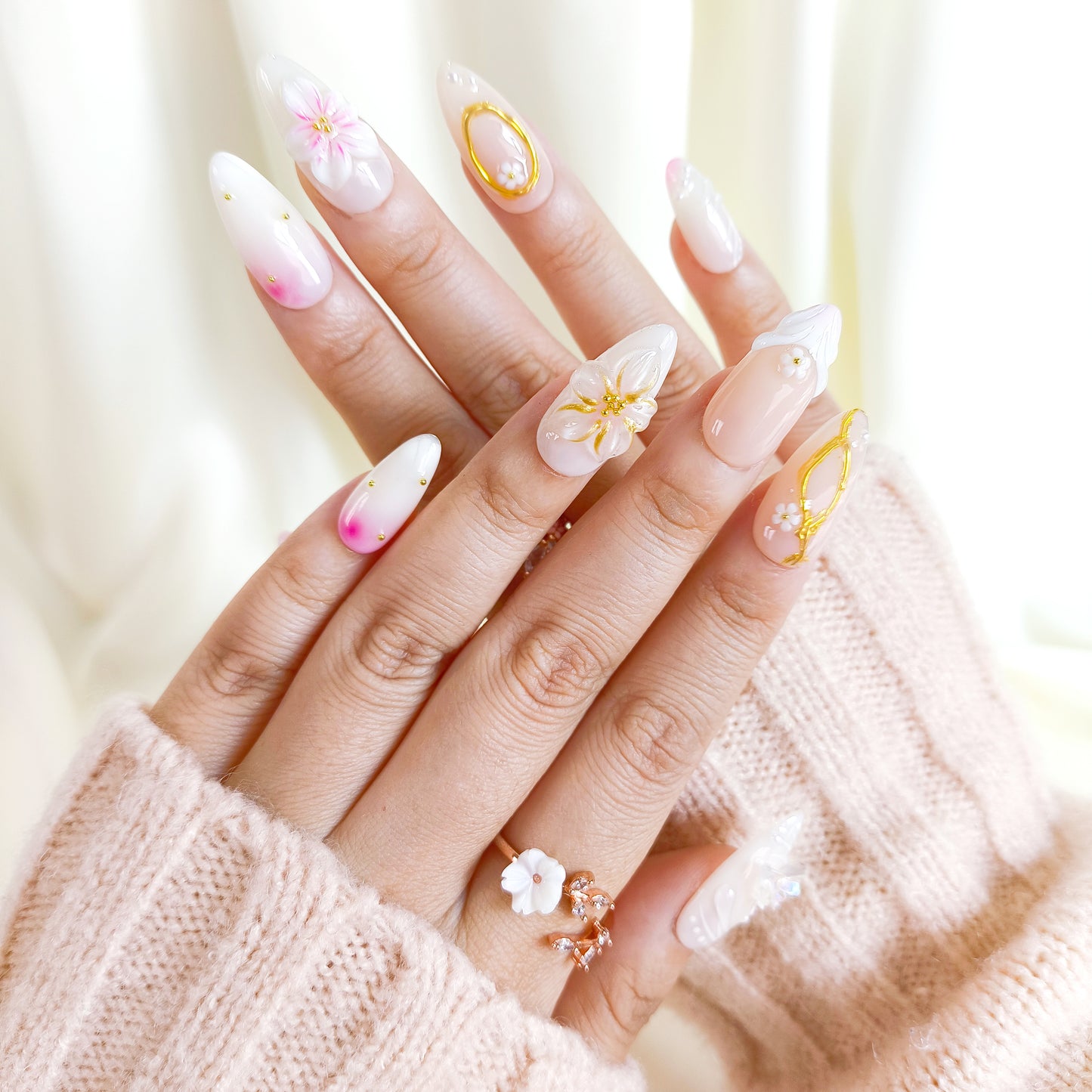 White flower 3d chrome press on nails