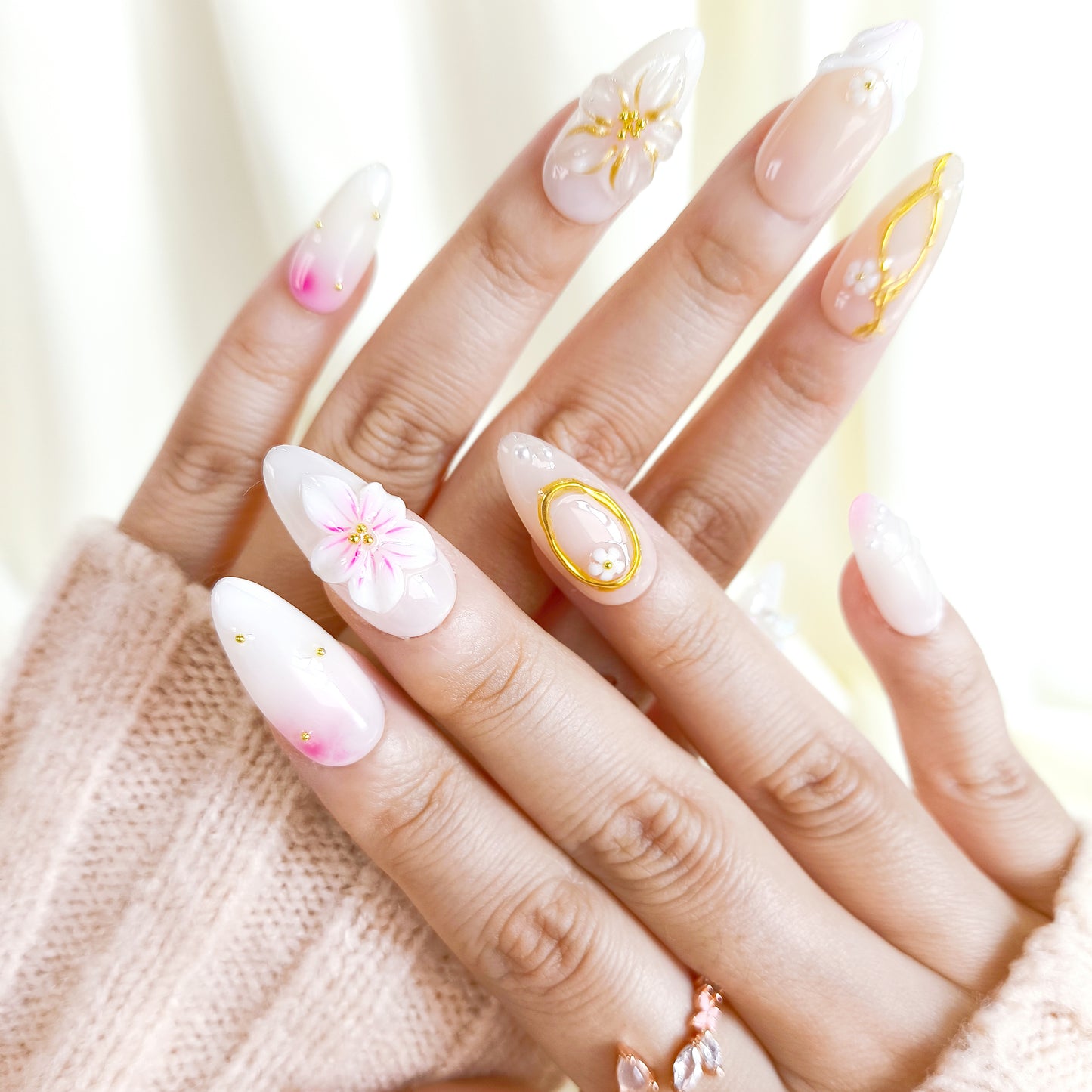 White flower 3d chrome press on nails