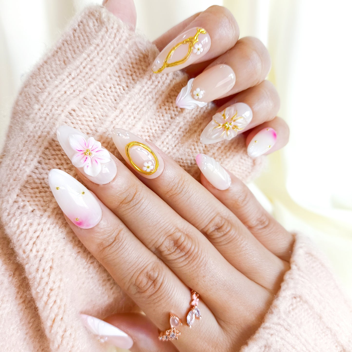 White flower 3d chrome press on nails