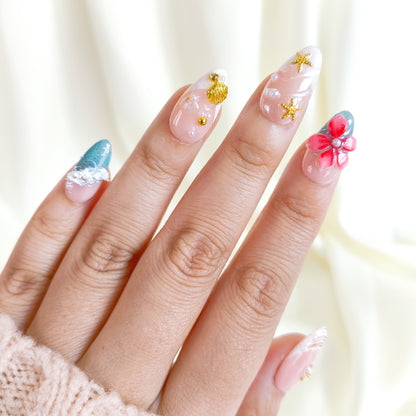 Tropical 3d flower with ocean beach press on nails