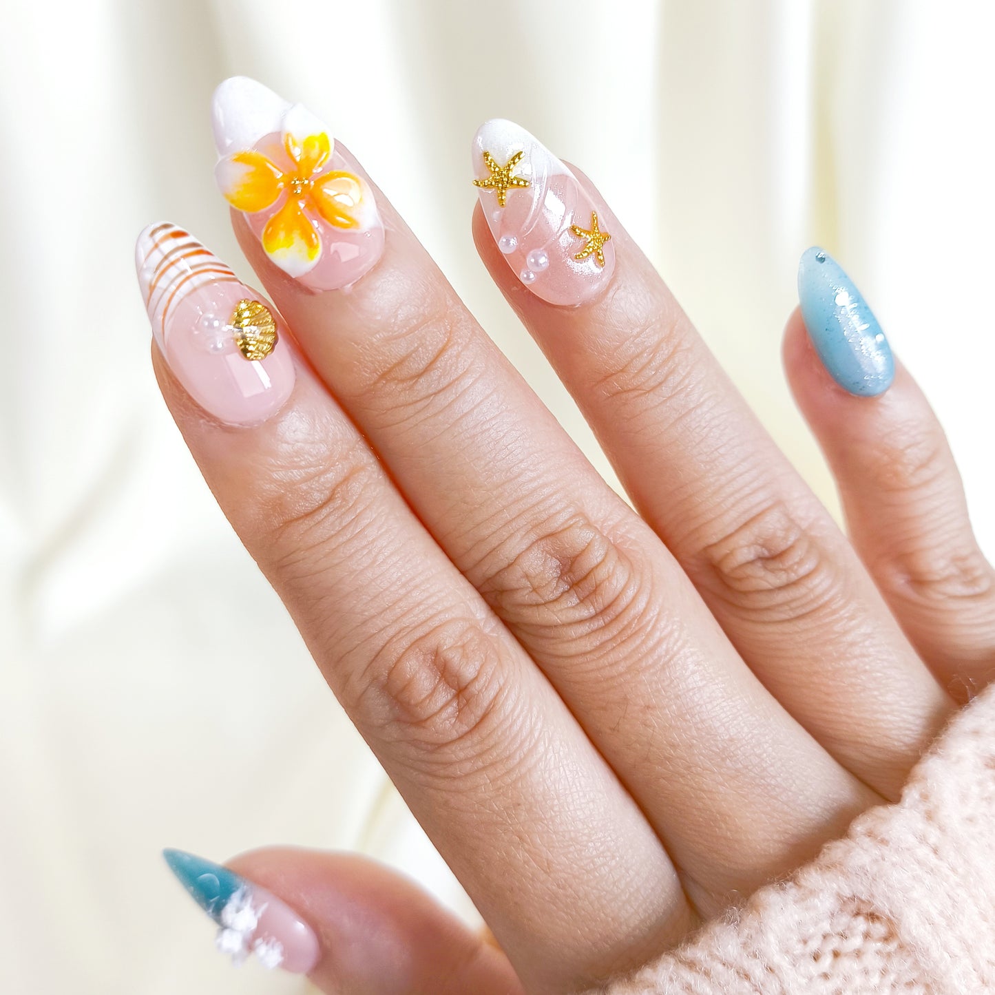 Tropical 3d flower with ocean beach press on nails