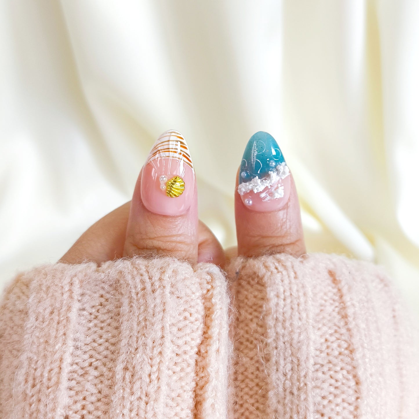 Tropical 3d flower with ocean beach press on nails
