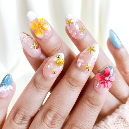 Tropical 3d flower with ocean beach press on nails