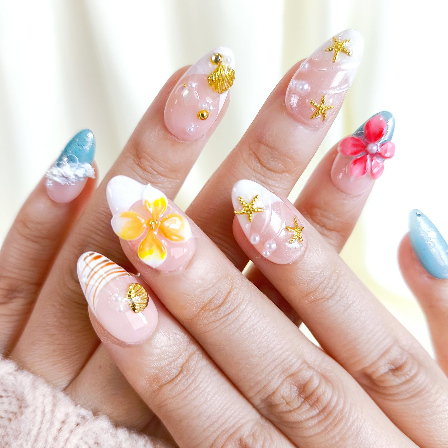 Tropical 3d flower with ocean beach press on nails