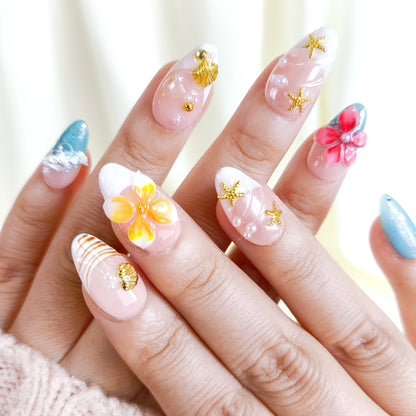 Tropical 3d flower with ocean beach press on nails
