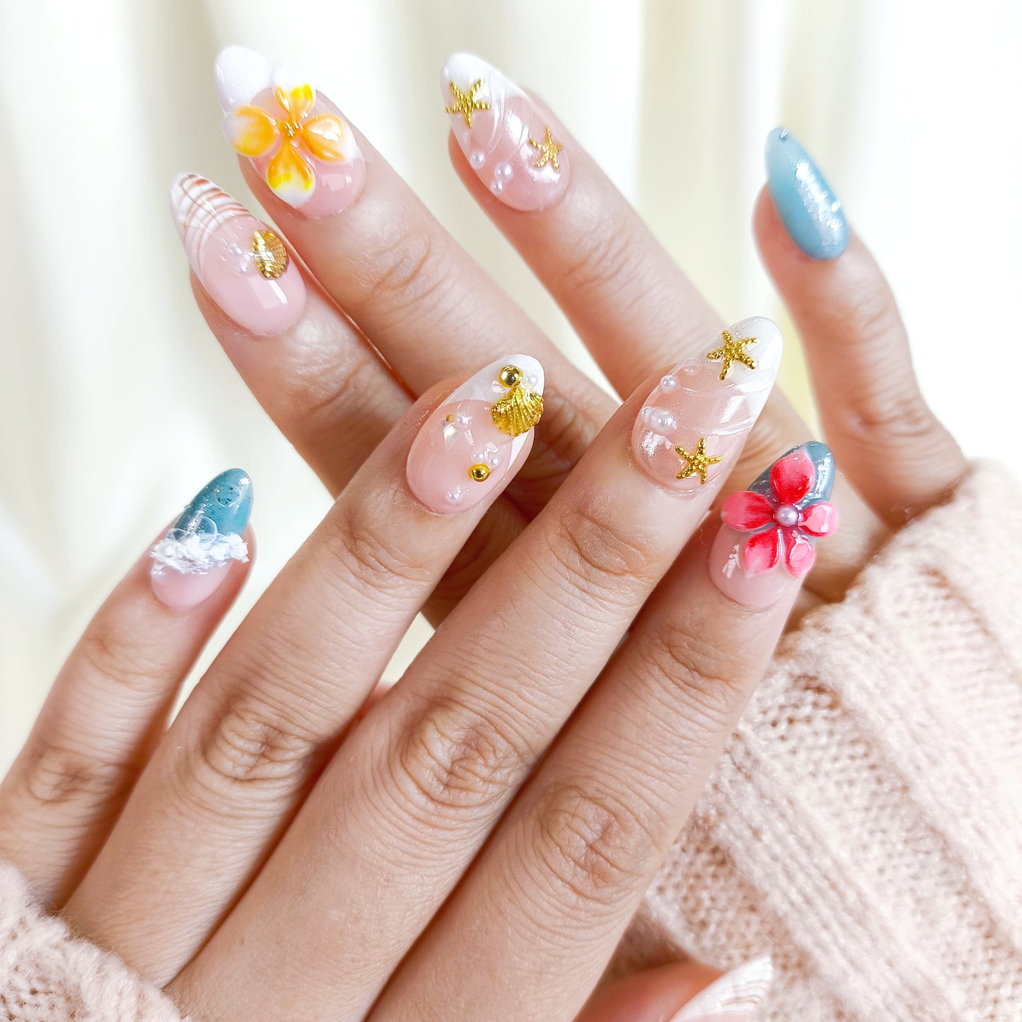Tropical 3d flower with ocean beach press on nails