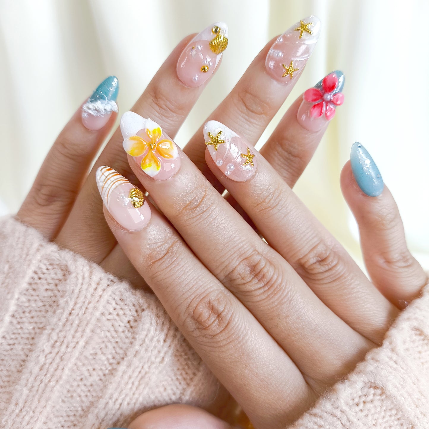 Tropical 3d flower with ocean beach press on nails