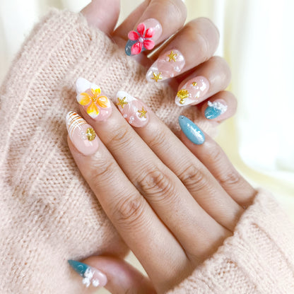 Tropical 3d flower with ocean beach press on nails