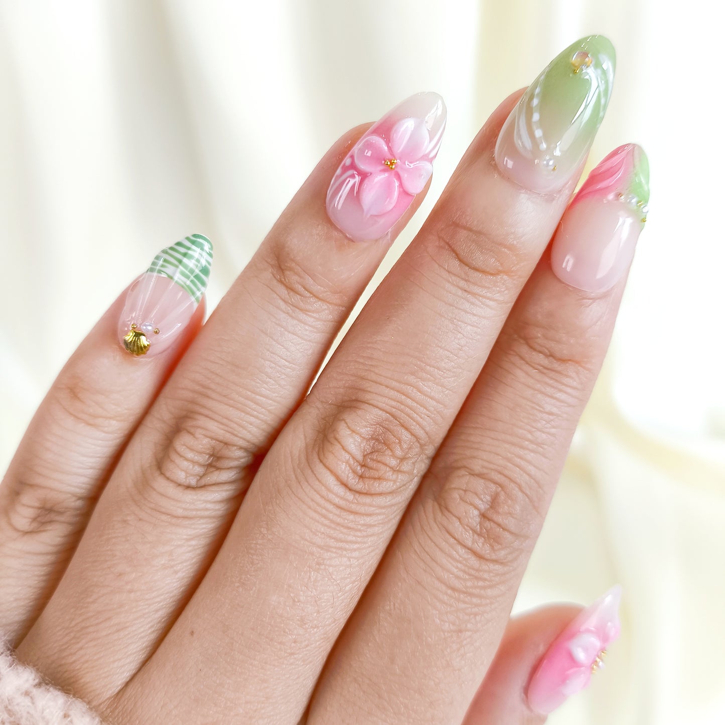 Pink & Green 3D Flower Short Almond Press on Nails