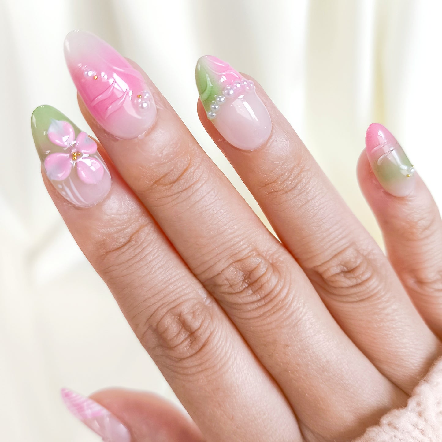 Pink & Green 3D Flower Short Almond Press on Nails