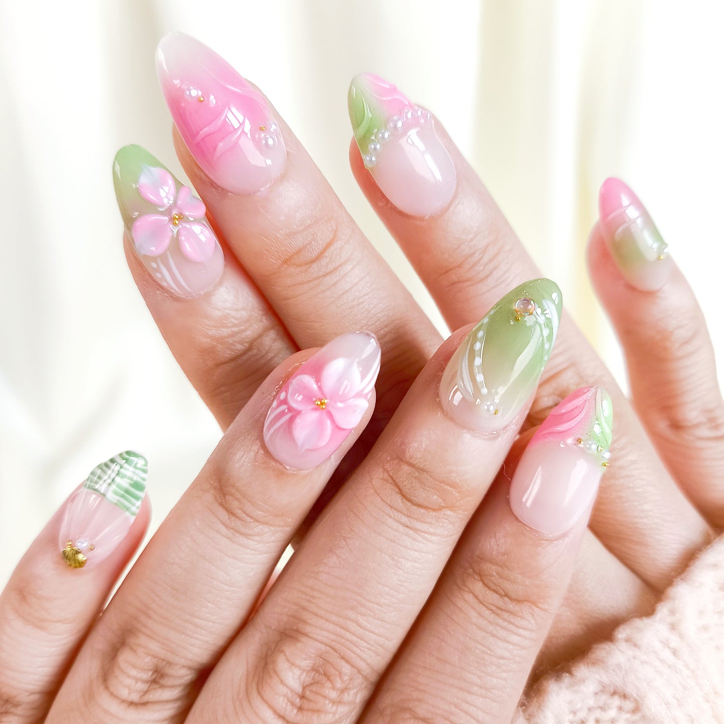 Pink & Green 3D Flower Short Almond Press on Nails