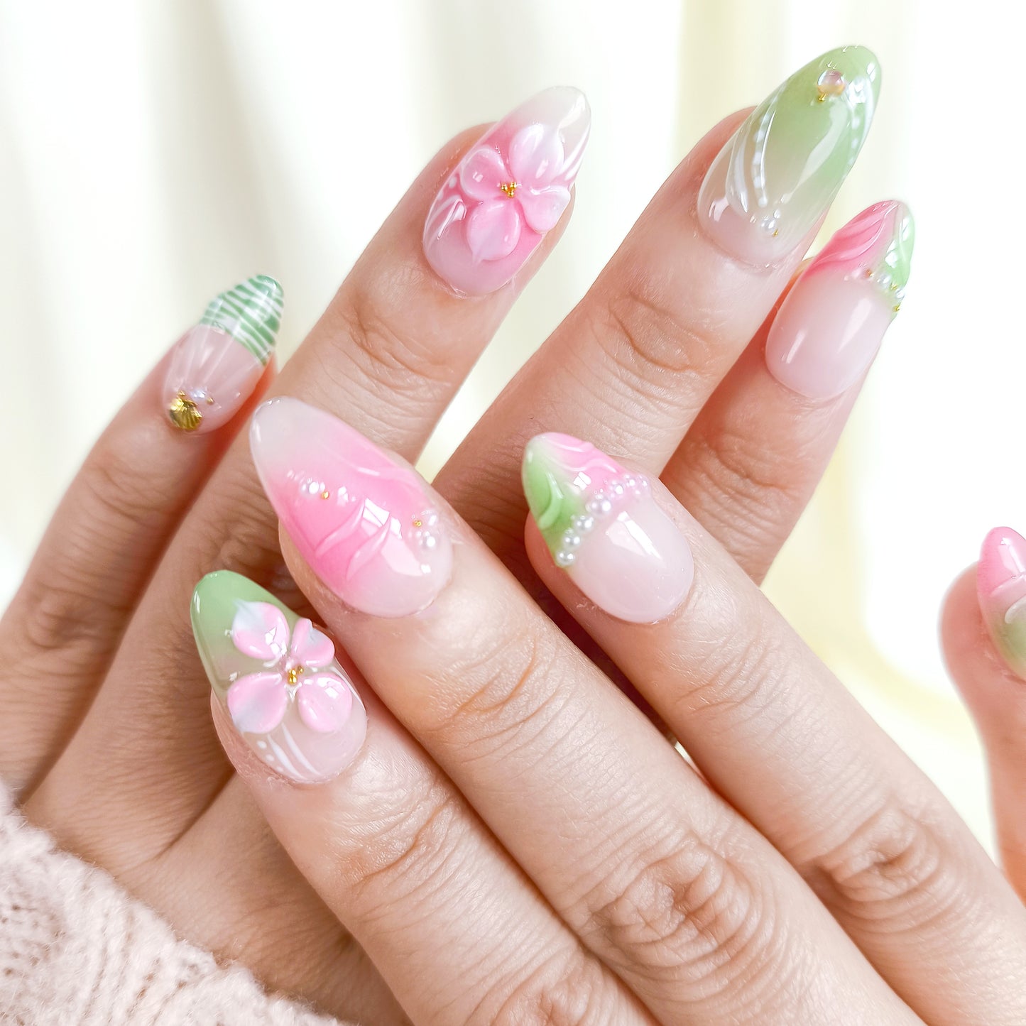 Pink & Green 3D Flower Short Almond Press on Nails