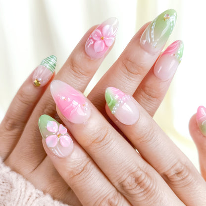 Pink & Green 3D Flower Short Almond Press on Nails