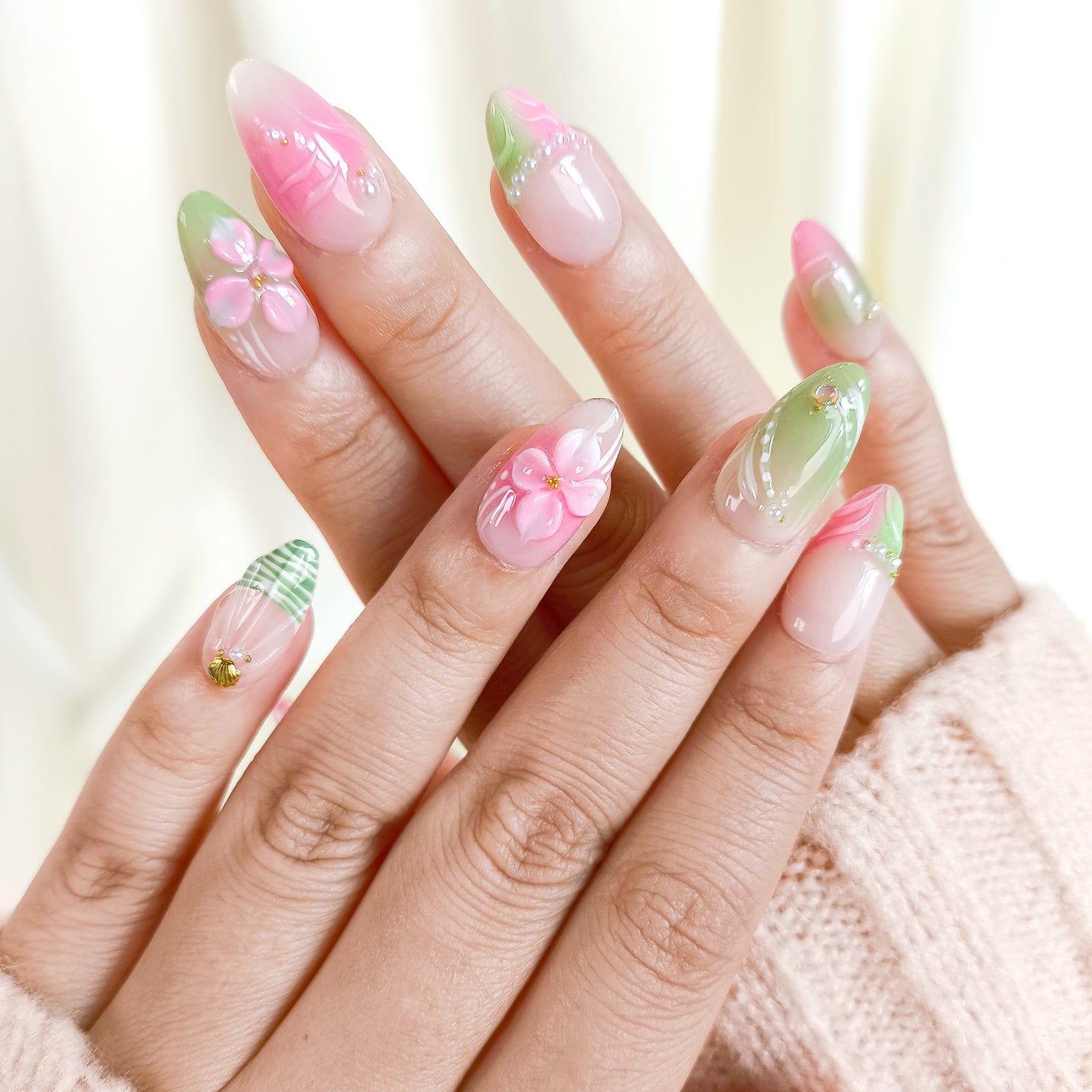 Pink & Green 3D Flower Short Almond Press on Nails