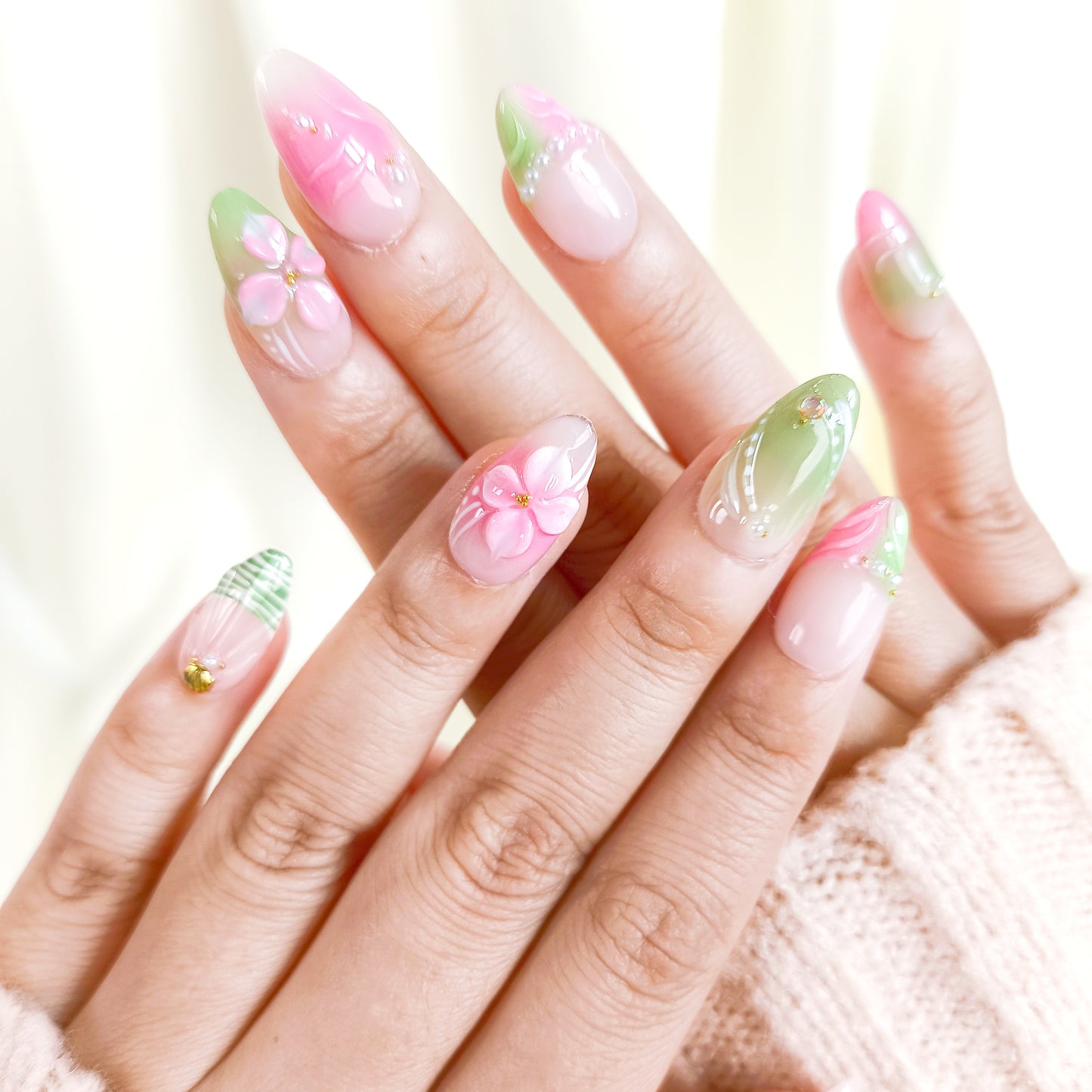 Pink & Green 3D Flower Short Almond Press on Nails
