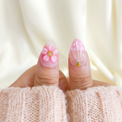 Pink & Green 3D Flower Short Almond Press on Nails