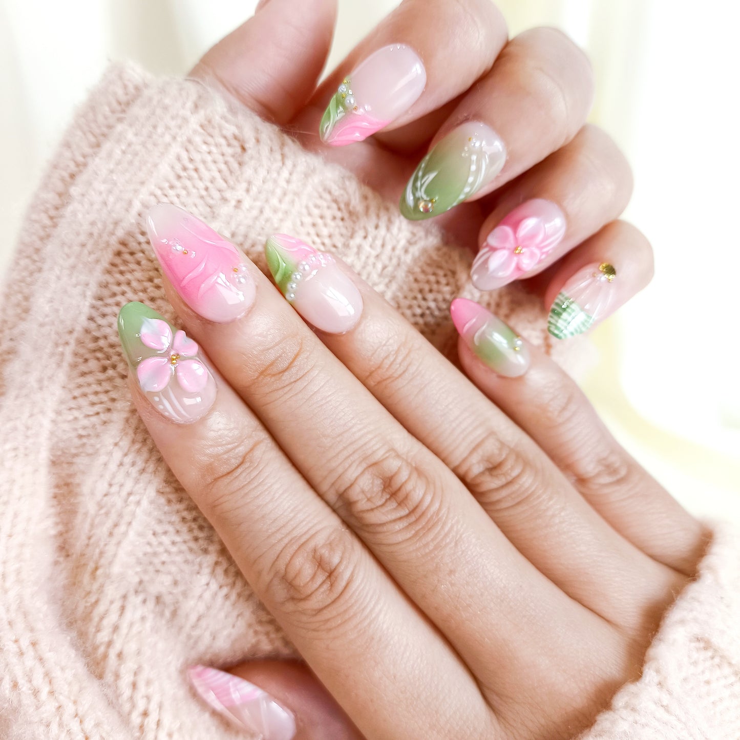 Pink & Green 3D Flower Short Almond Press on Nails