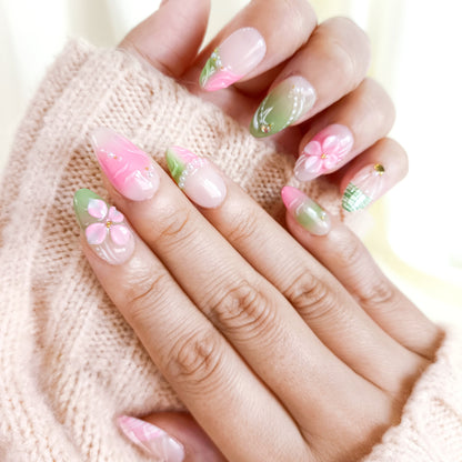 Pink & Green 3D Flower Short Almond Press on Nails