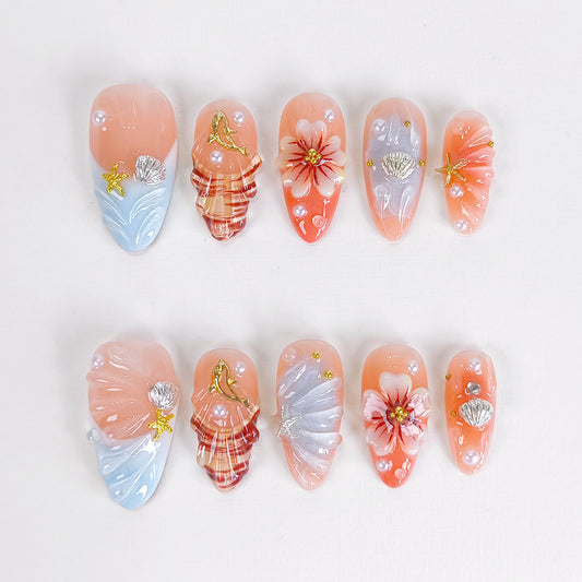 3D Flower Seashell Press On Nails with Blue French Tips