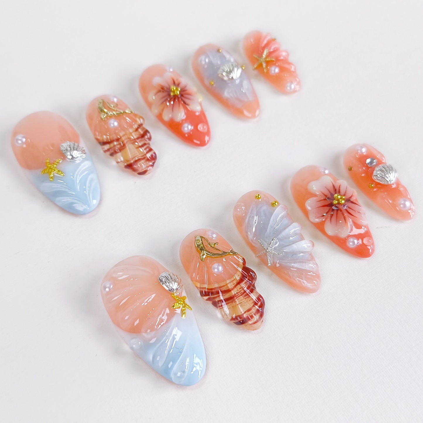 3D Flower Seashell Press On Nails with Blue French Tips