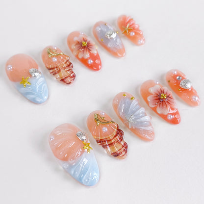 3D Flower Seashell Press On Nails with Blue French Tips