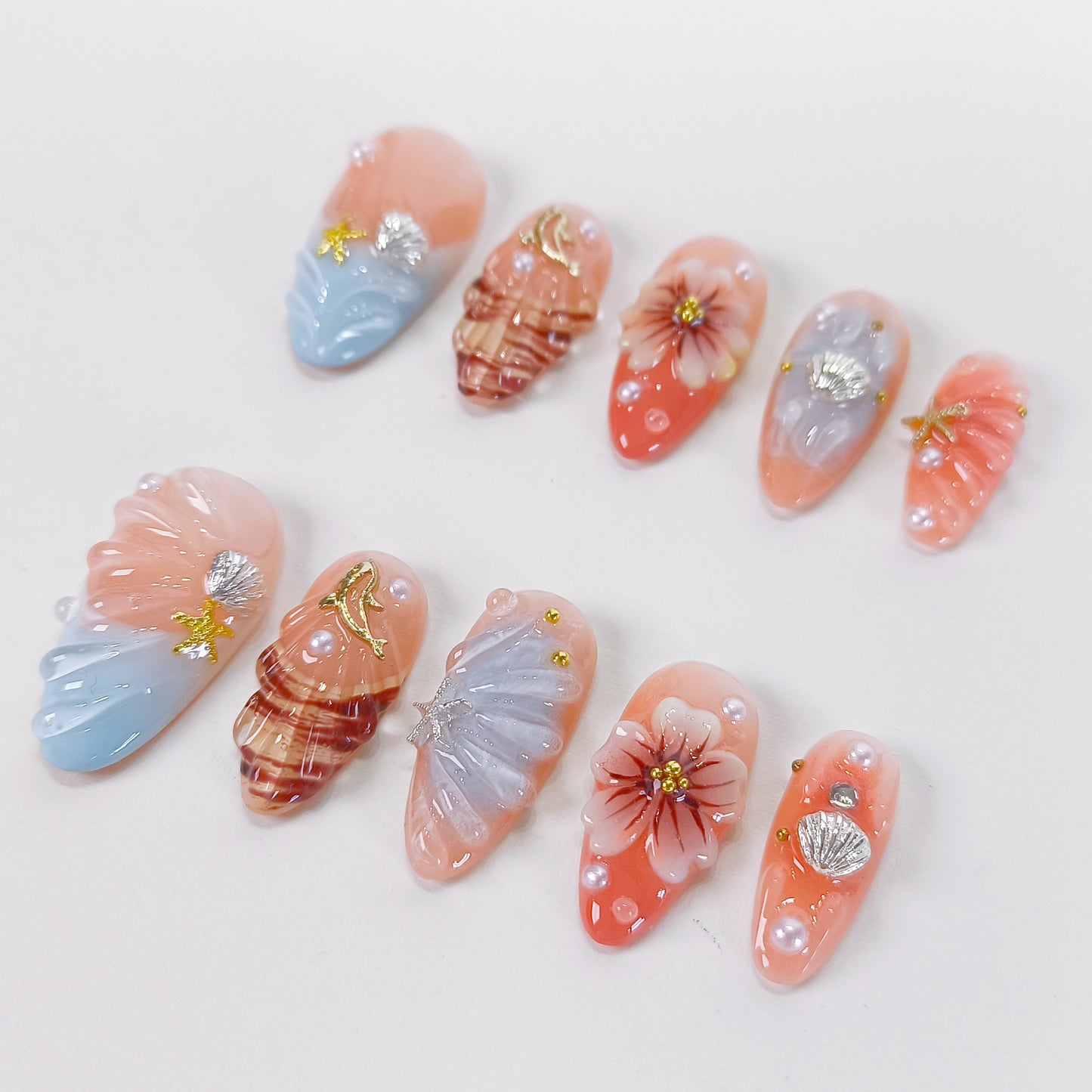 3D Flower Seashell Press On Nails with Blue French Tips