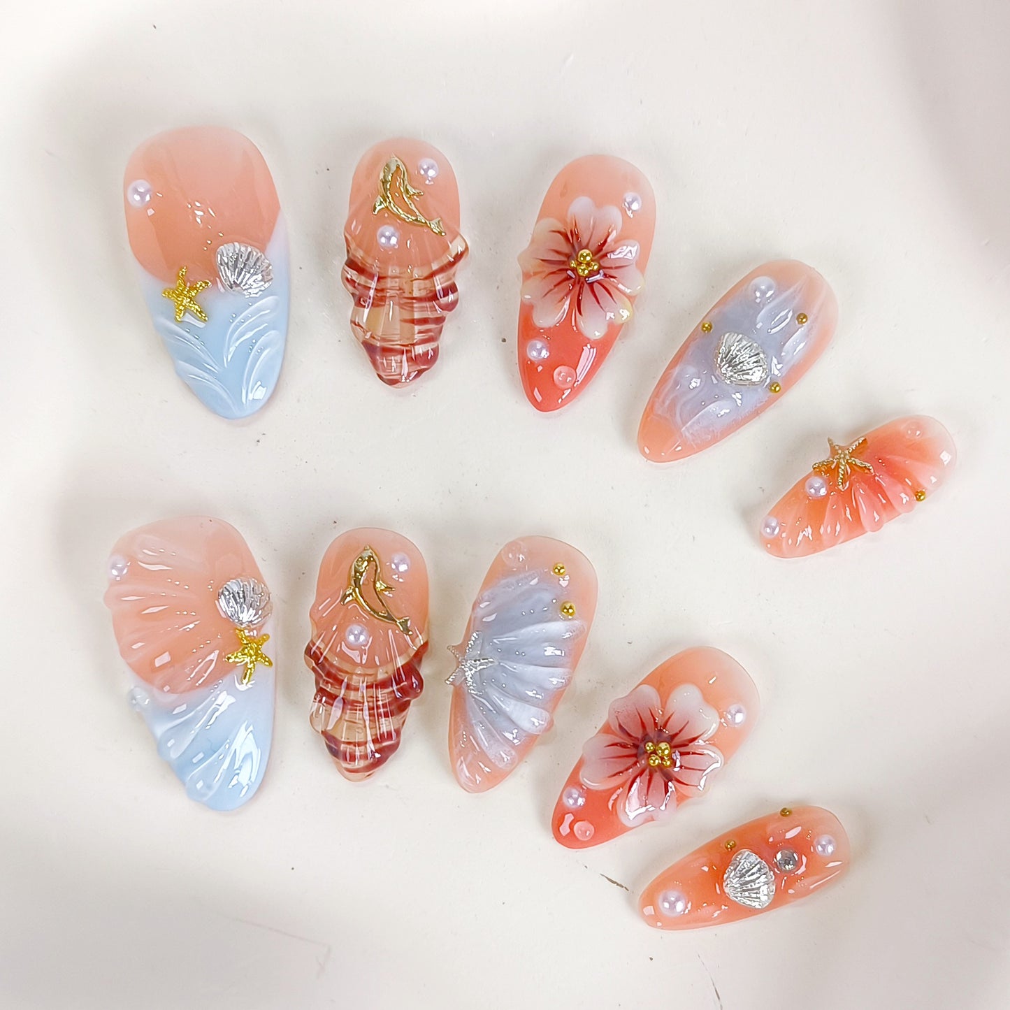 3D Flower Seashell Press On Nails with Blue French Tips