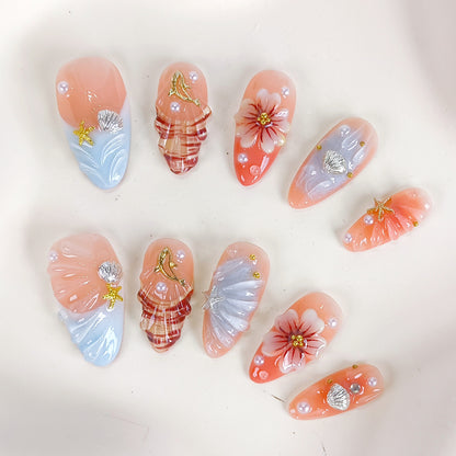 3D Flower Seashell Press On Nails with Blue French Tips