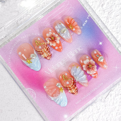 3D Flower Seashell Press On Nails with Blue French Tips