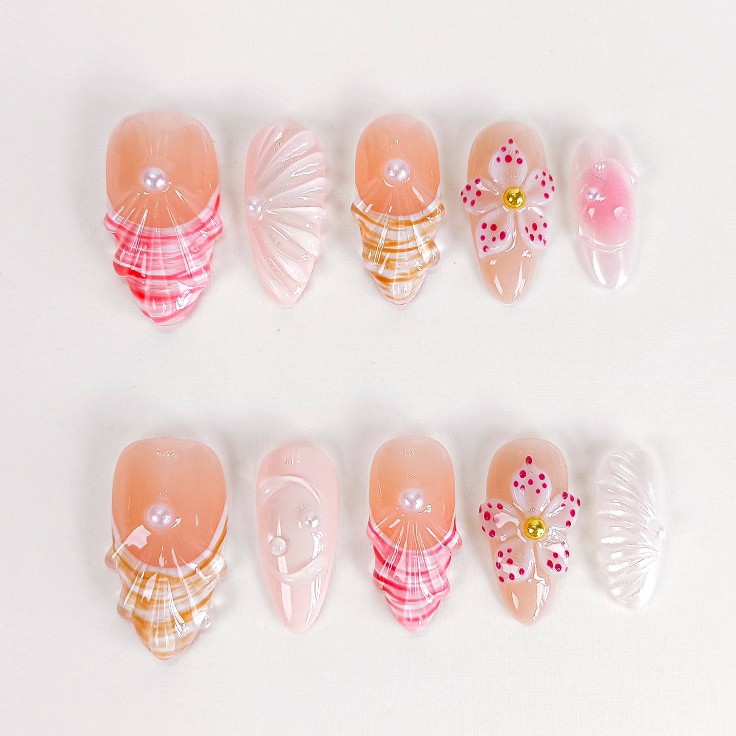 Cute Pink 3D Flower Seashell Press On Nails Summer Set