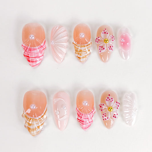 Cute Pink 3D Flower Seashell Press On Nails Summer Set