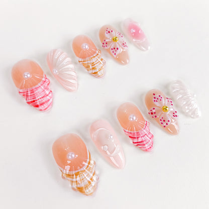 Cute Pink 3D Flower Seashell Press On Nails Summer Set