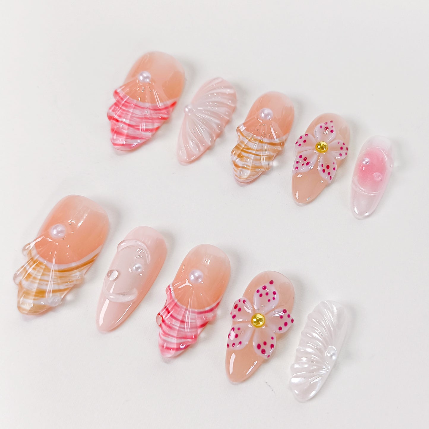 Cute Pink 3D Flower Seashell Press On Nails Summer Set