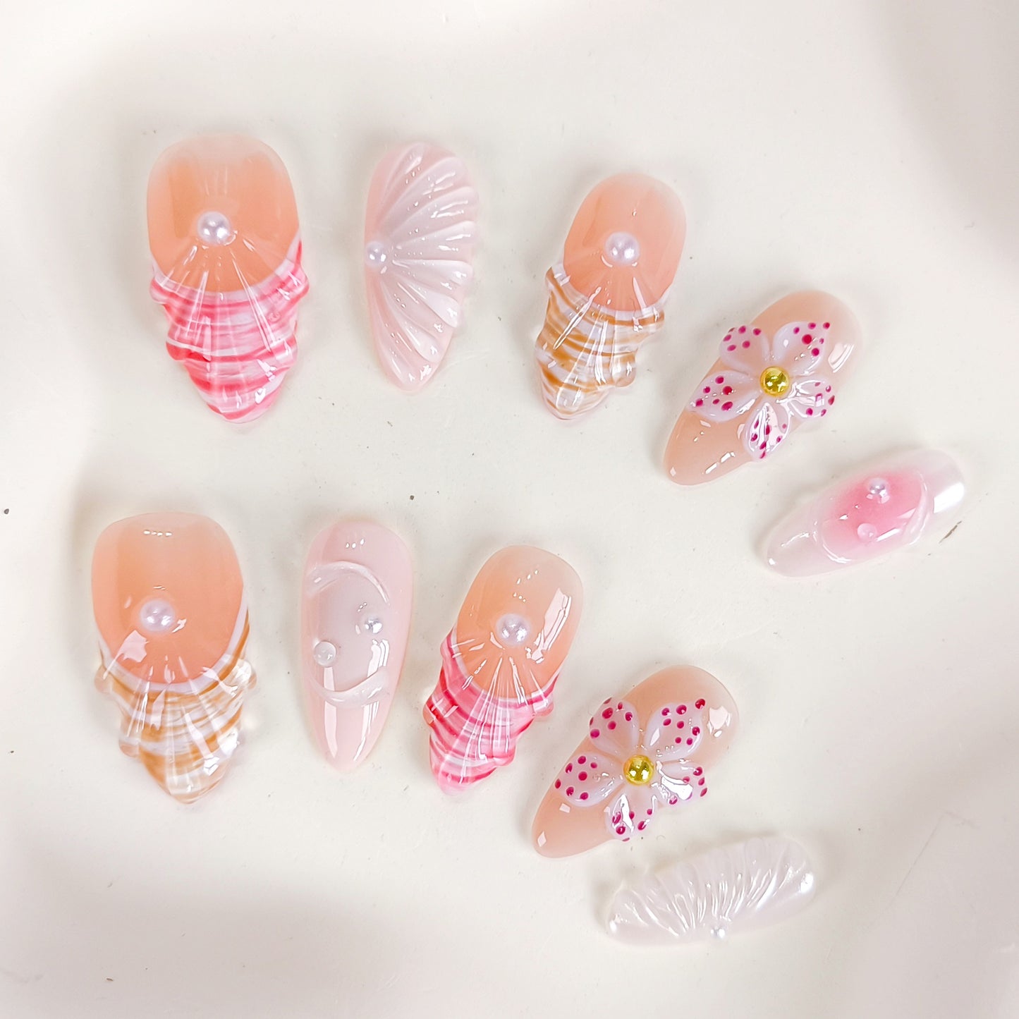 Cute Pink 3D Flower Seashell Press On Nails Summer Set