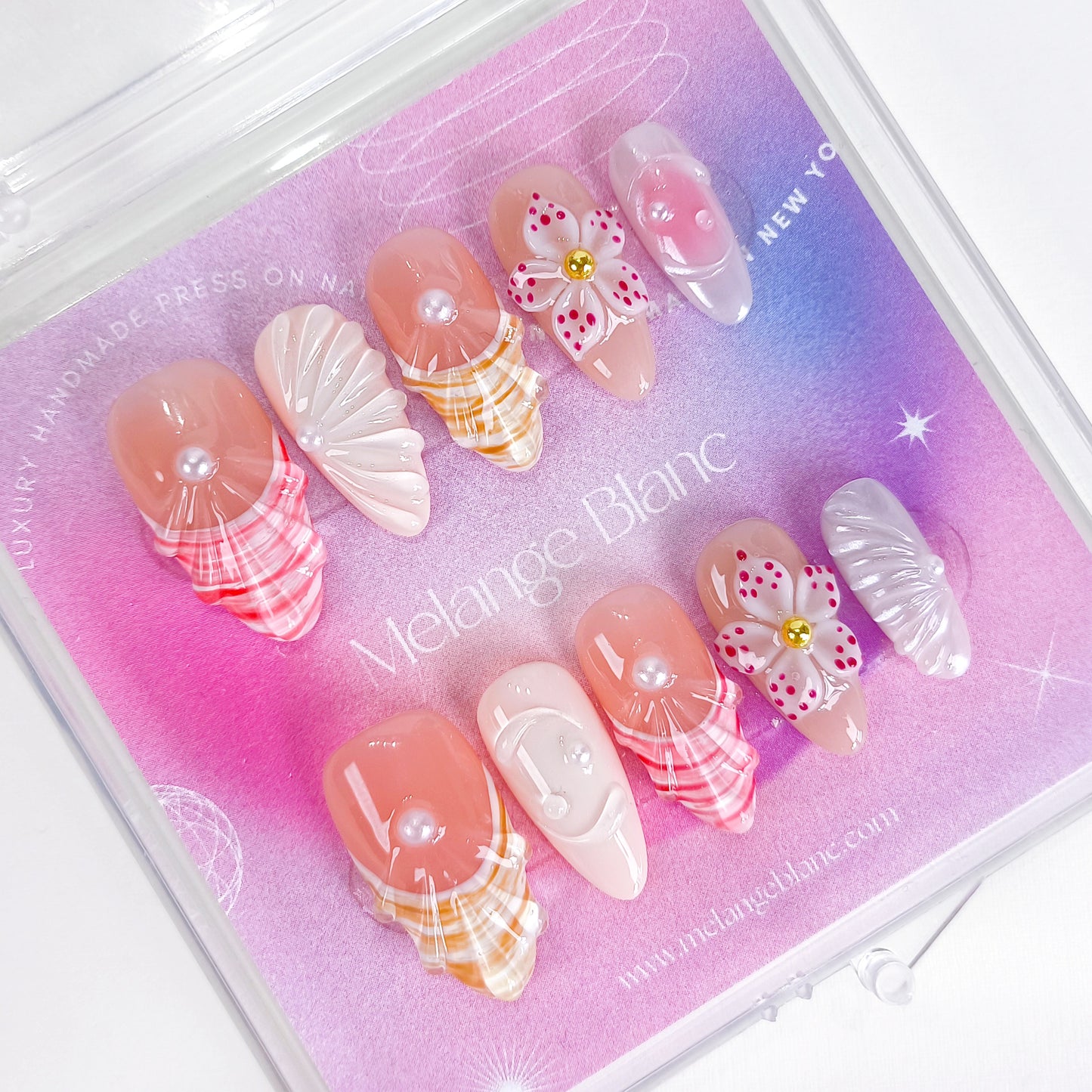 Cute Pink 3D Flower Seashell Press On Nails Summer Set