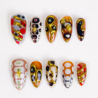 Y2K Gold Chrome Abstract Press On Nails Retro Trendy 3D Nail Art