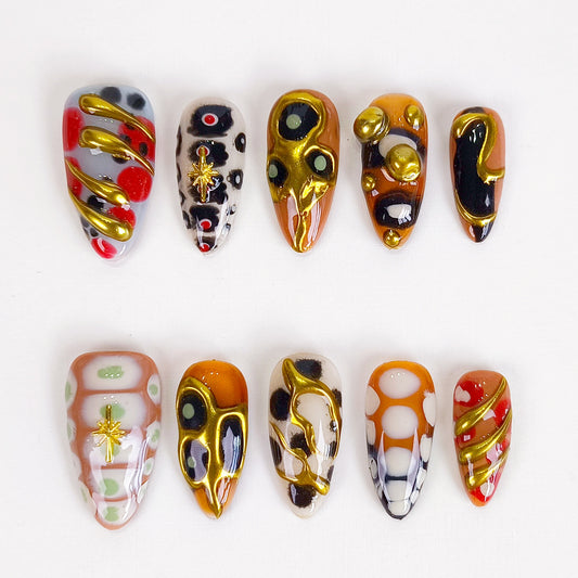 Y2K Gold Chrome Abstract Press On Nails Retro Trendy 3D Nail Art