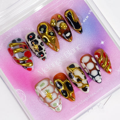 Y2K Gold Chrome Abstract Press On Nails Retro Trendy 3D Nail Art