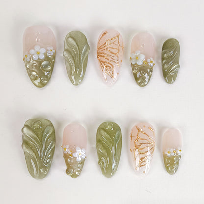 Green Cat Eye Press On Nails with 3D Flower and Butterfly Design