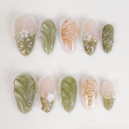 Green Cat Eye Press On Nails with 3D Flower and Butterfly Design