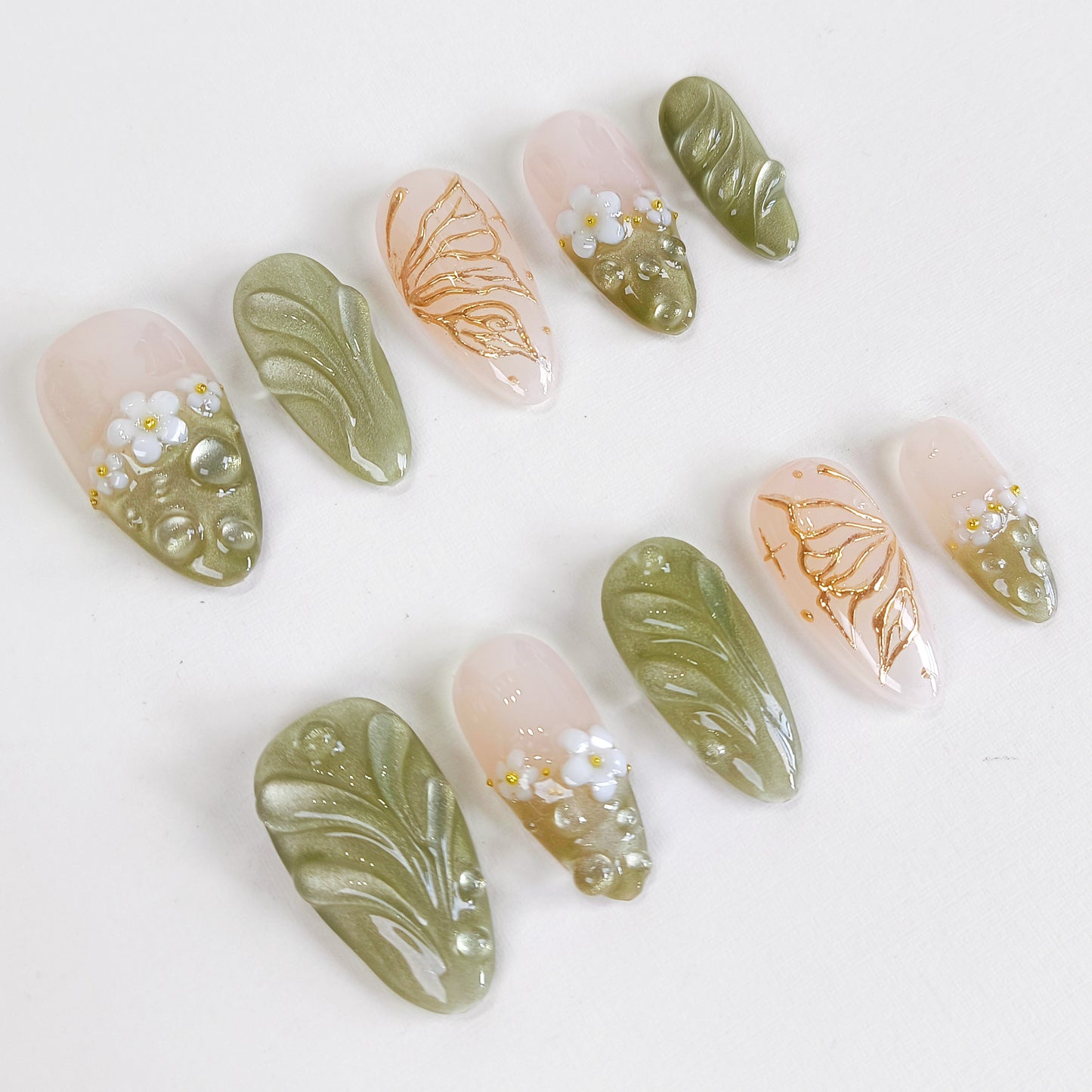 Green Cat Eye Press On Nails with 3D Flower and Butterfly Design