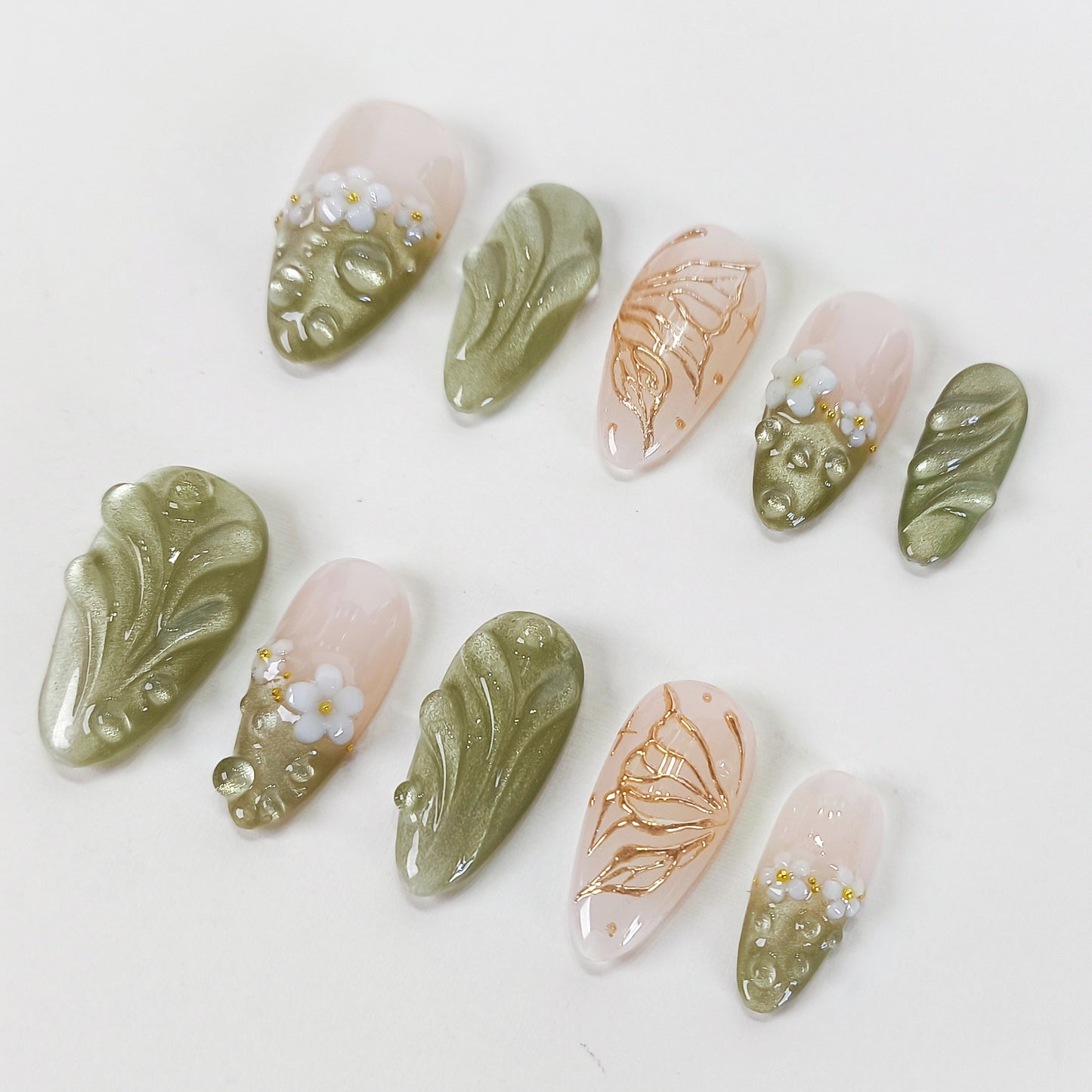 Green Cat Eye Press On Nails with 3D Flower and Butterfly Design